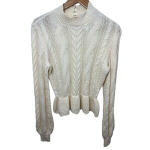 Draper James RSVP Sweater Women's Ivory Ruffled Cable Knit Peplum Small White